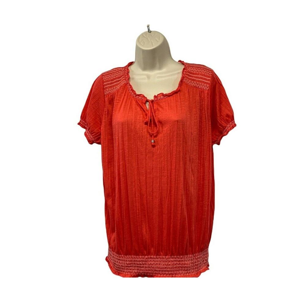 Faded Glory Womens Boho Top Size Large Orange Red Elastic Hem Drawstring